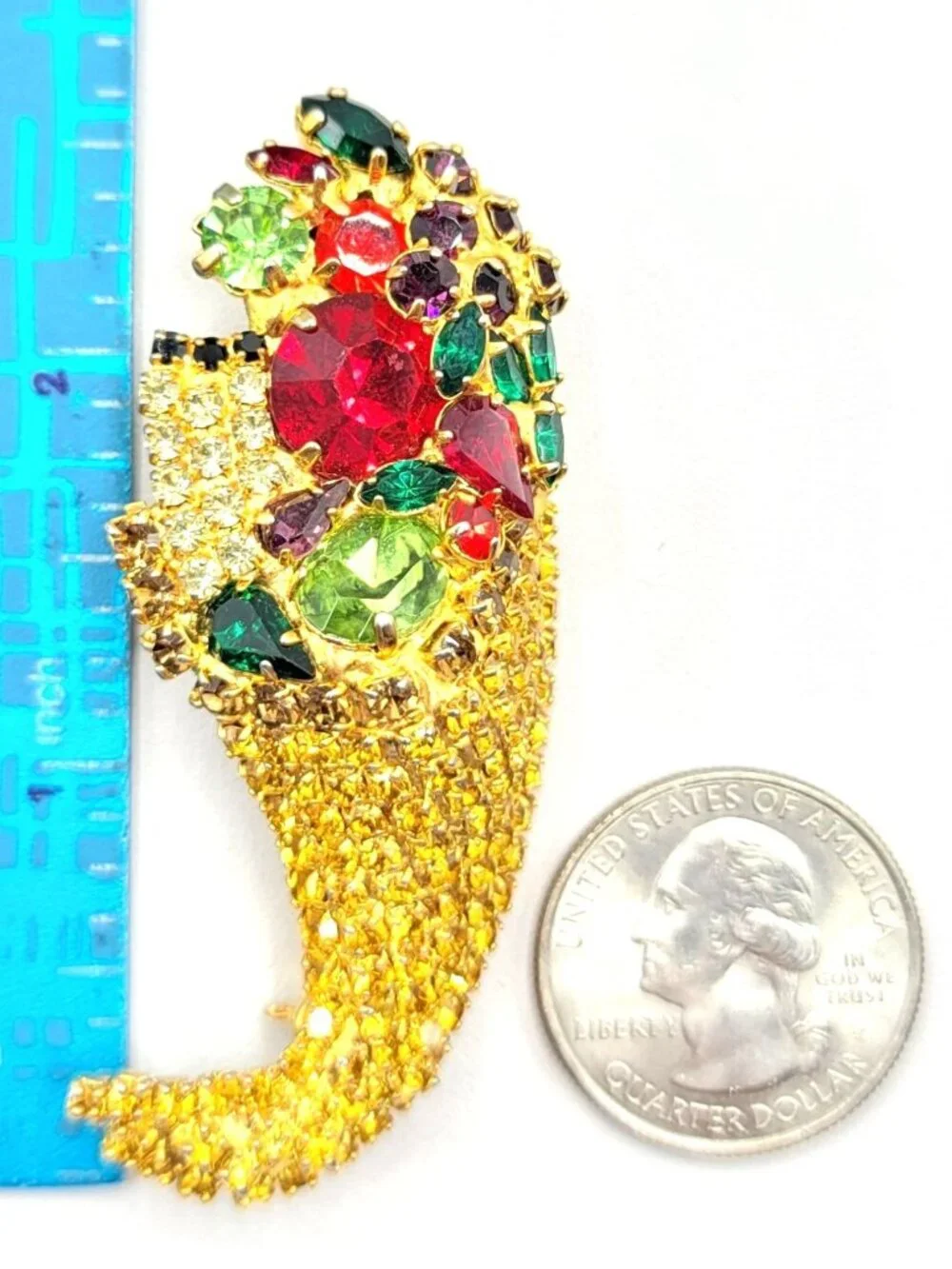 Gold Tone Topaz Red Green Prong Set Rhinestone Cornucopia Pin Brooch